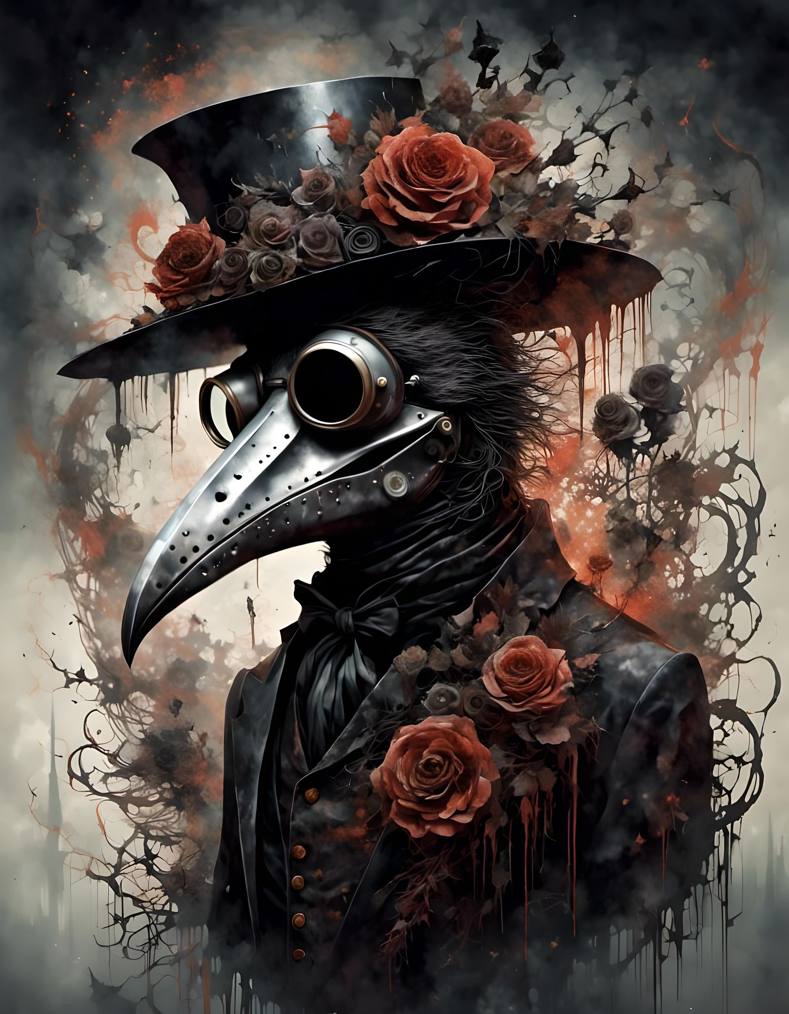 Steampunk Plague Doctor Portrait with Black Roses