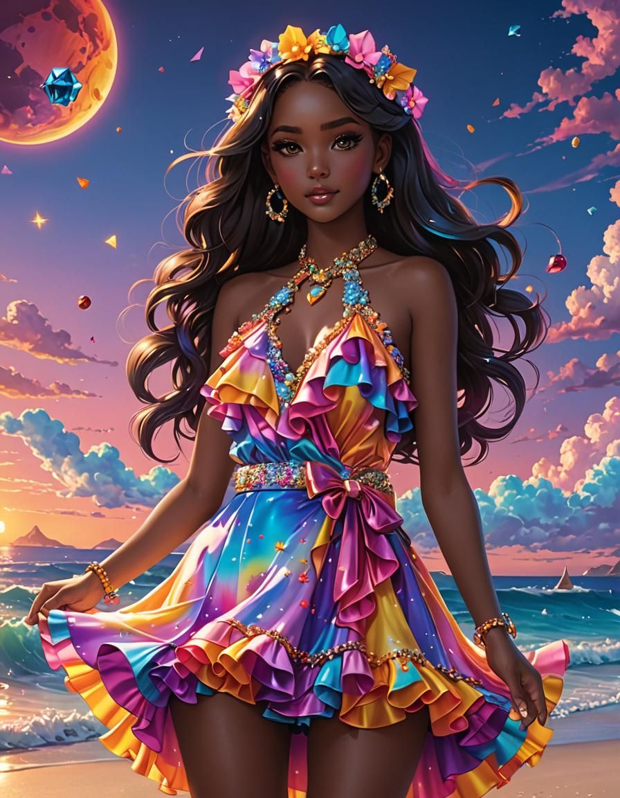 Anime Style Ruffle Dress at Beach Sunset