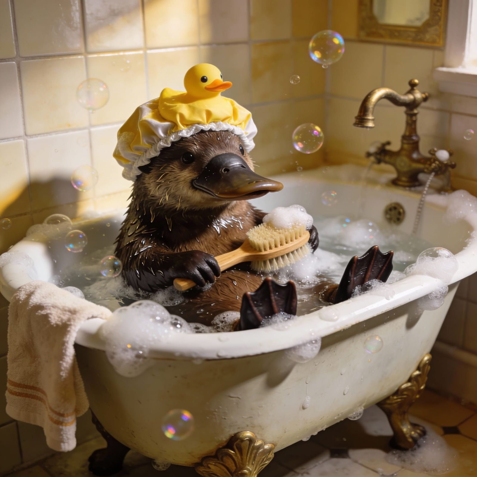 Platypus Takes a Bubble Bath in Photorealistic Style