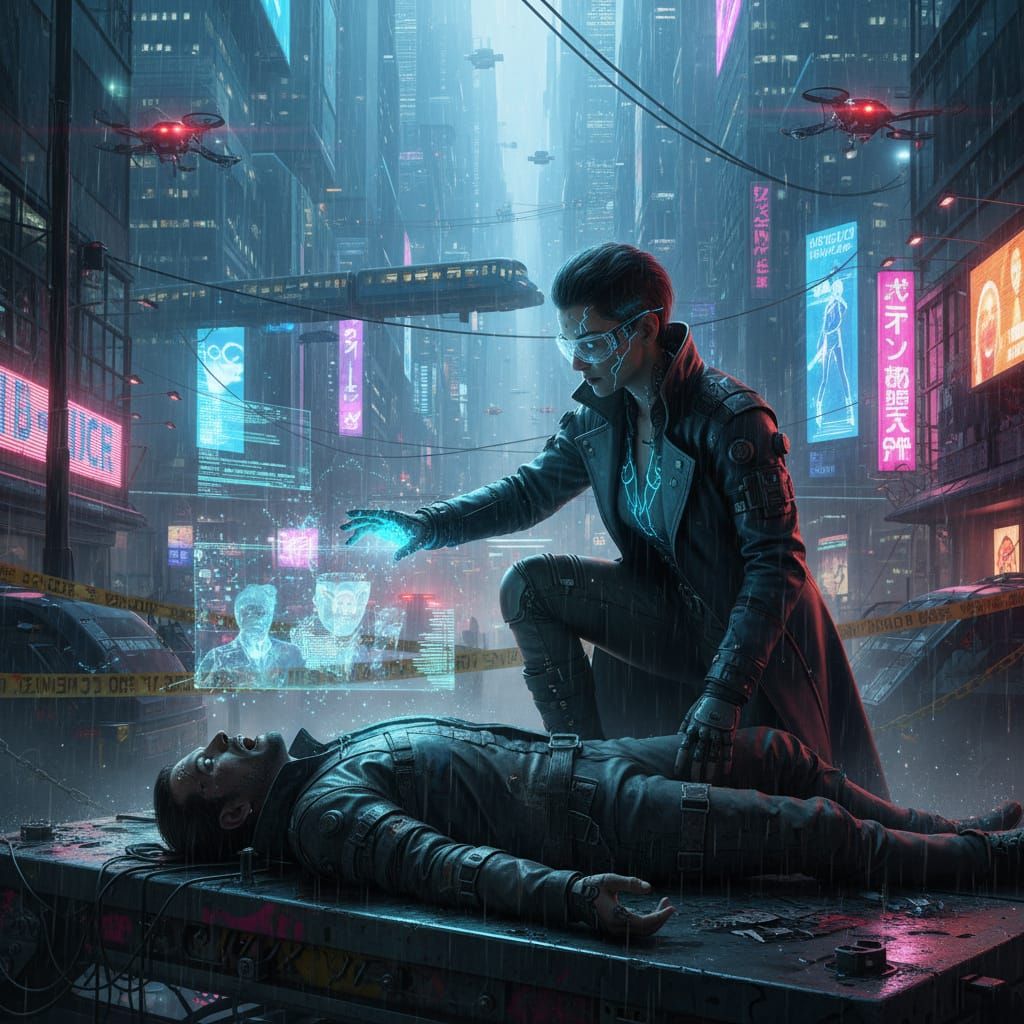 Cyberpunk Investigator Examines Crime Scene