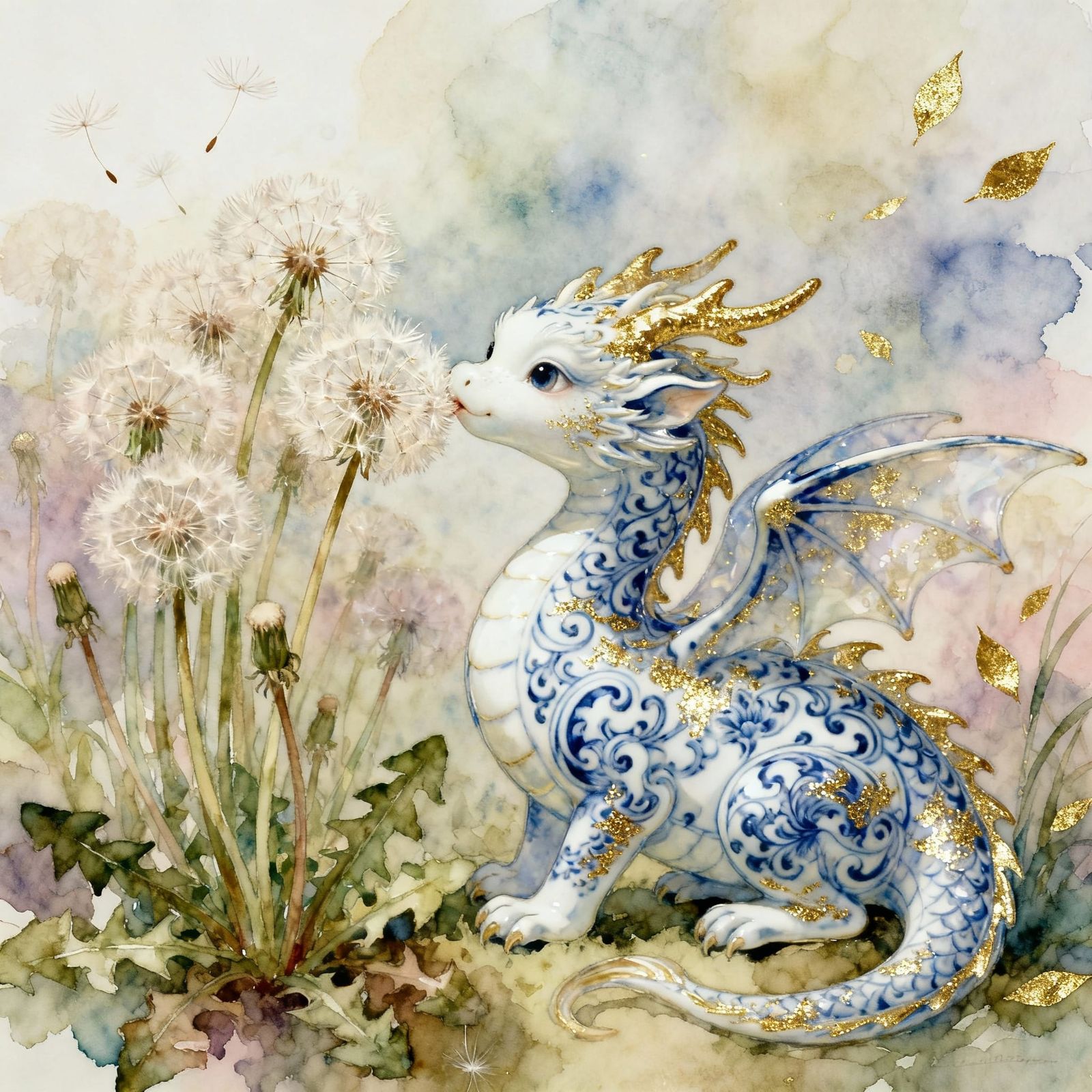 Baby Porcelain Dragon Sniffing Dandelions in Watercolor Styl...