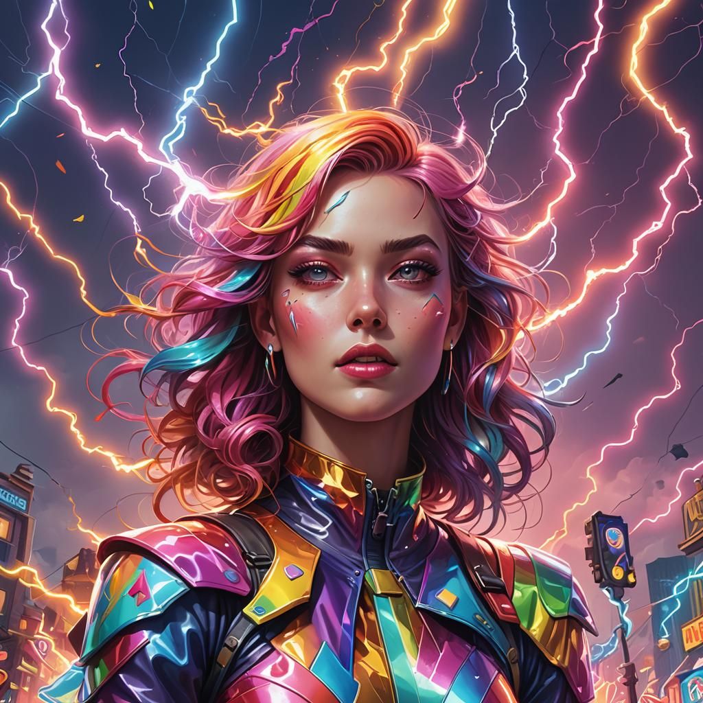 Rainbow Lightning Girl in Candy Art Style