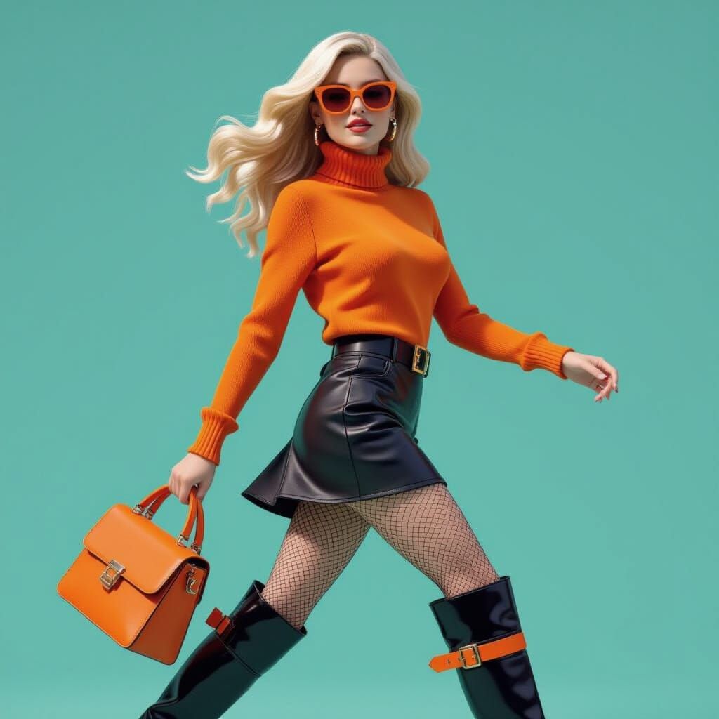 Woman in Orange Turtleneck, Leather Skirt and Boots