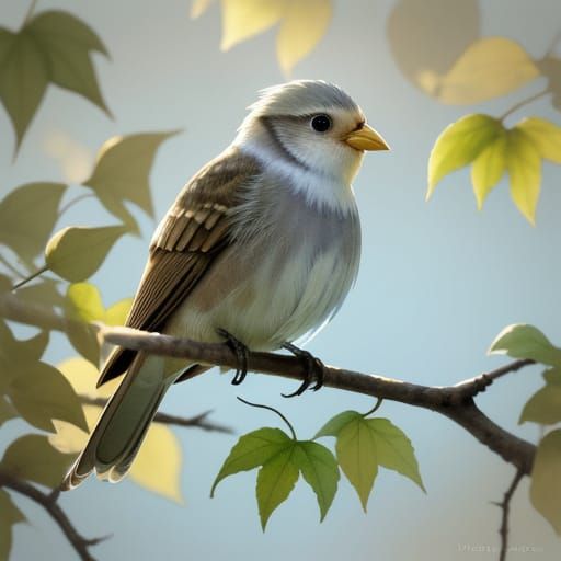 Whimsical Watercolor Baby Bird Perched in Morning Sunlight