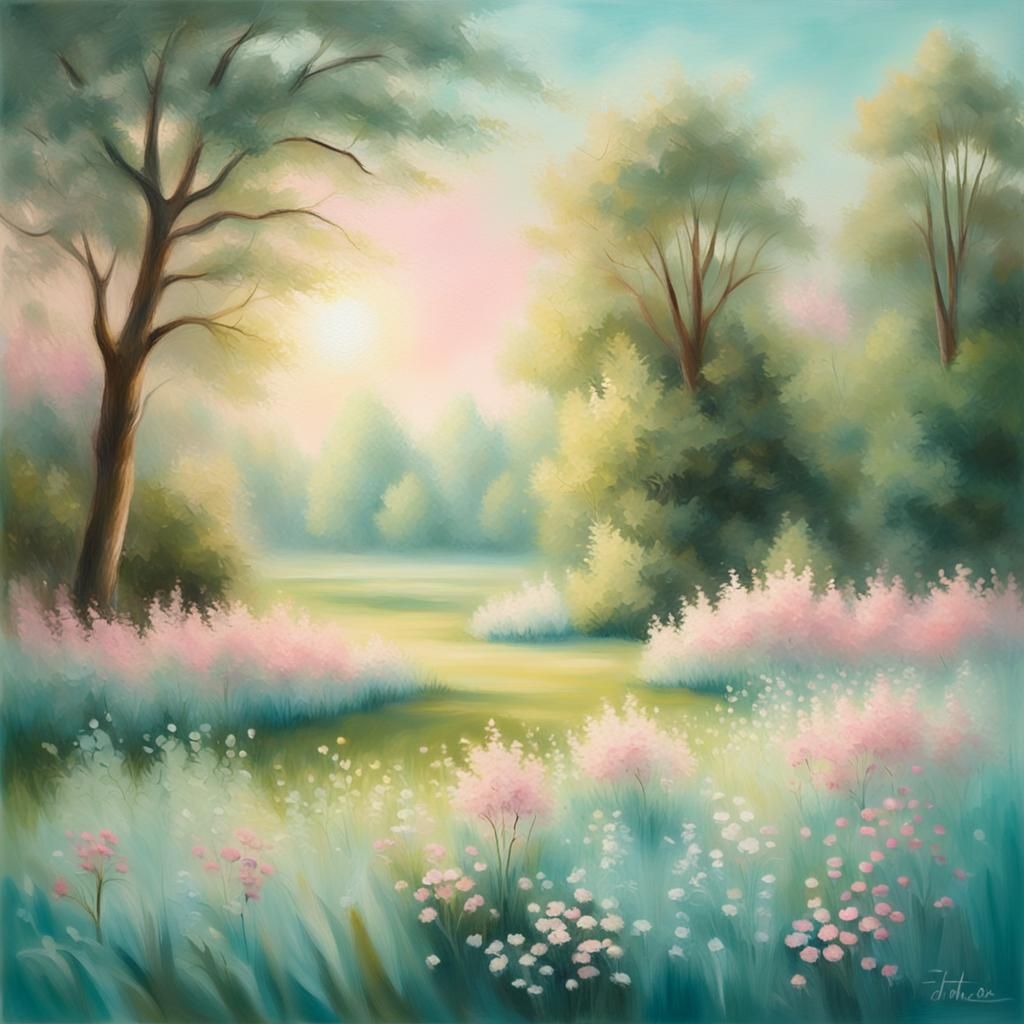 Clean Oil Painted Airbrush. Meadow Garden Scenery. Vintage s...