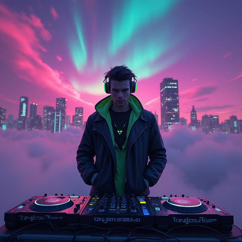 Futuristic DJ Lov 67 in Neon Cityscape