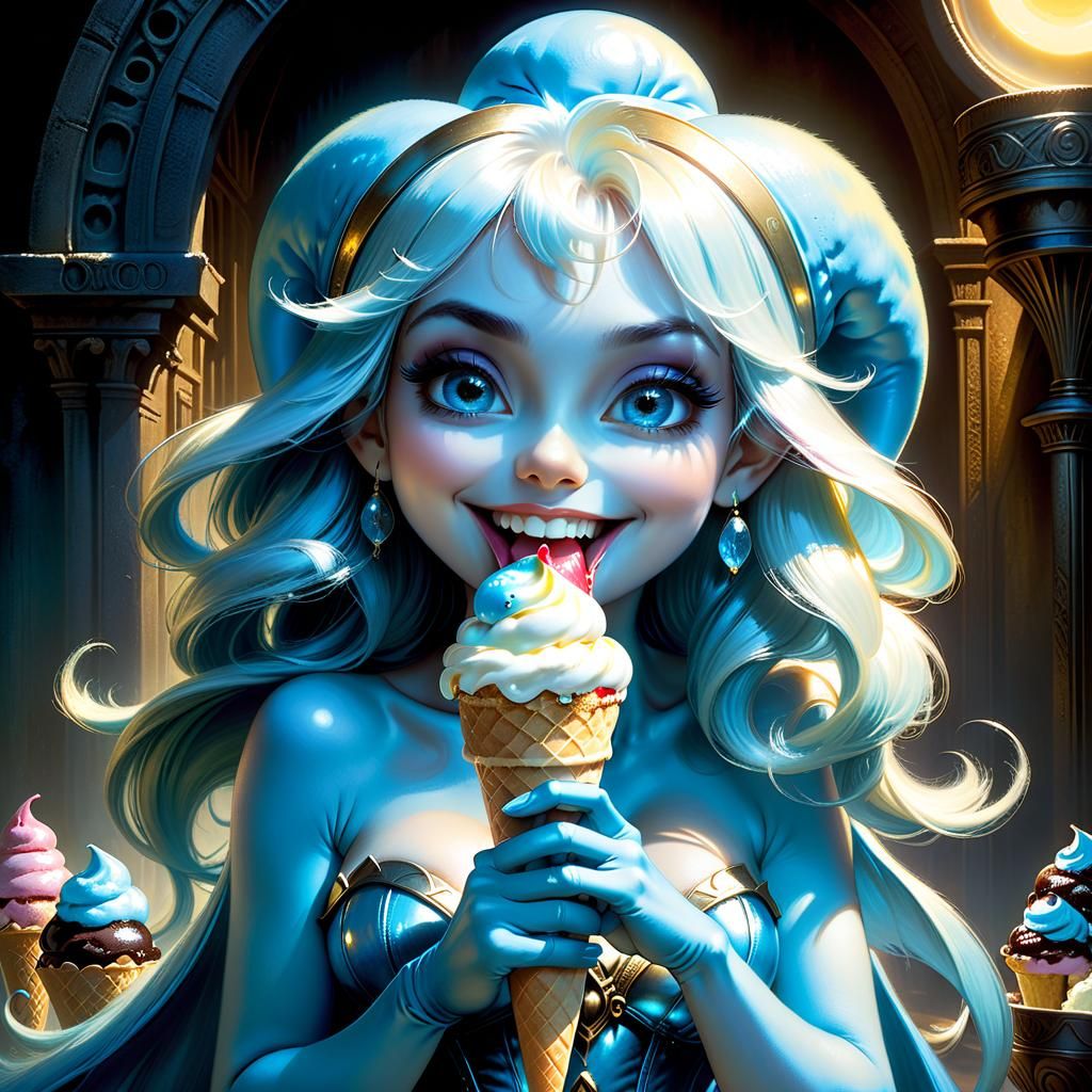 Whimsical Smurfette Licking Iridescent Ice Cream in Psychede...