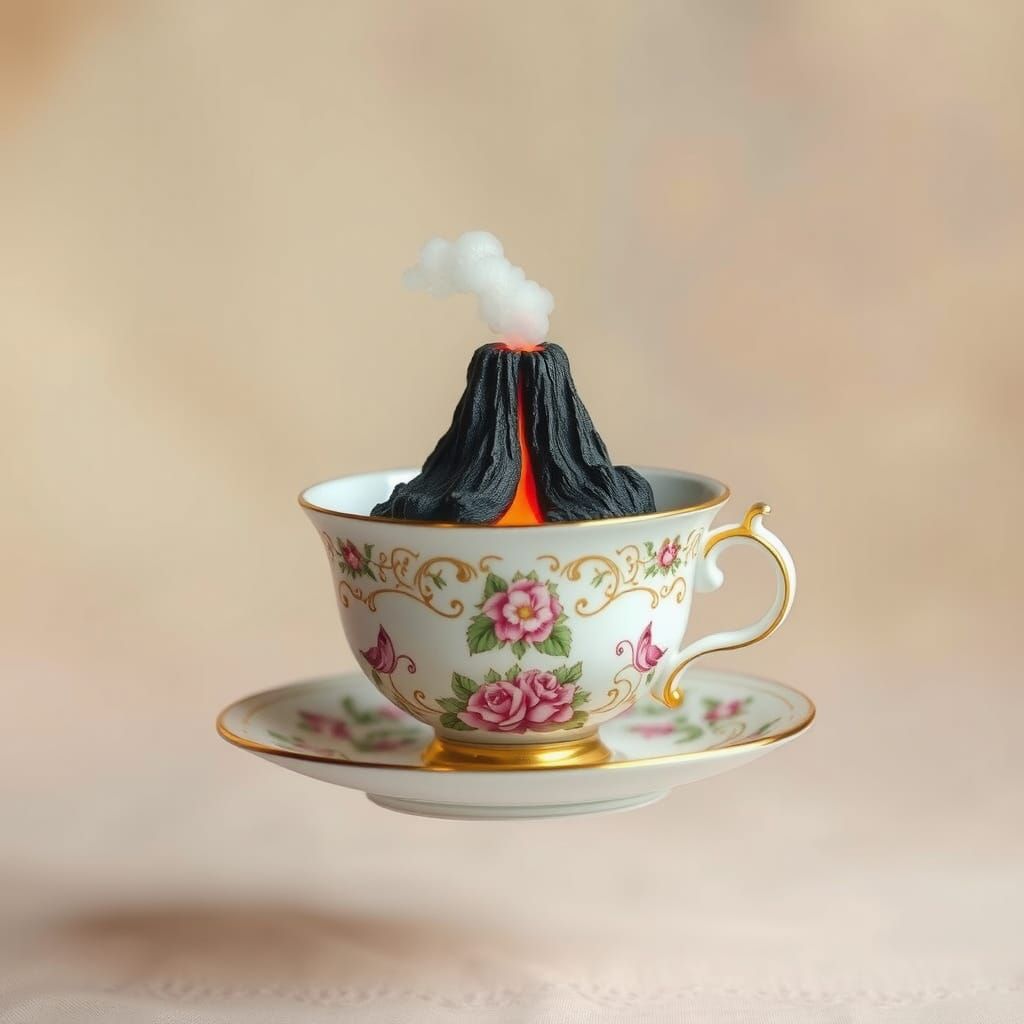 Levitating Teacup Volcano in Surrealist Style