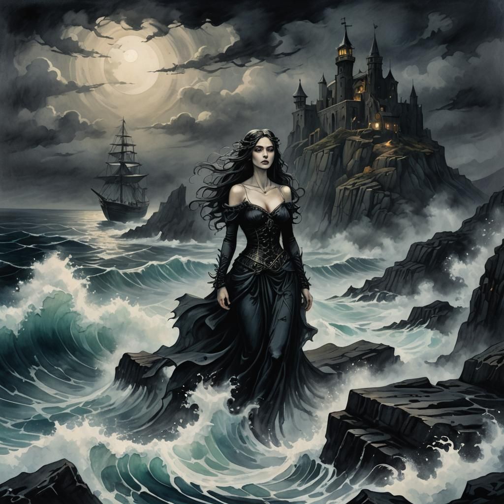 Mystical Siren Beckons Ship in Gothic Ink Painting