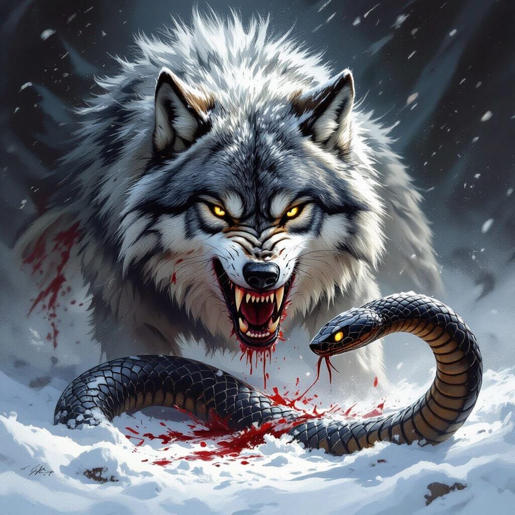 Snow Wolf Victorious Over Cobra in Dark Fantasy Art
