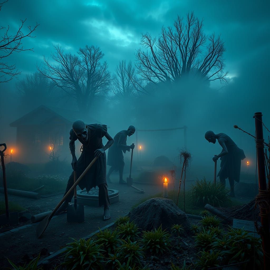 Hyperrealistic Medieval Garden with Zombies at Dusk