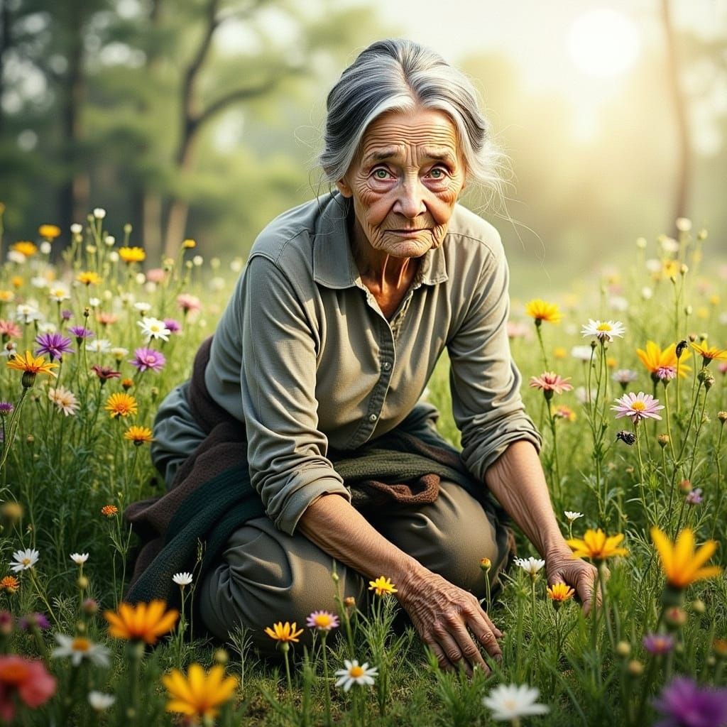 Elderly Woman in Wildflower Field, Cinematic Lighting