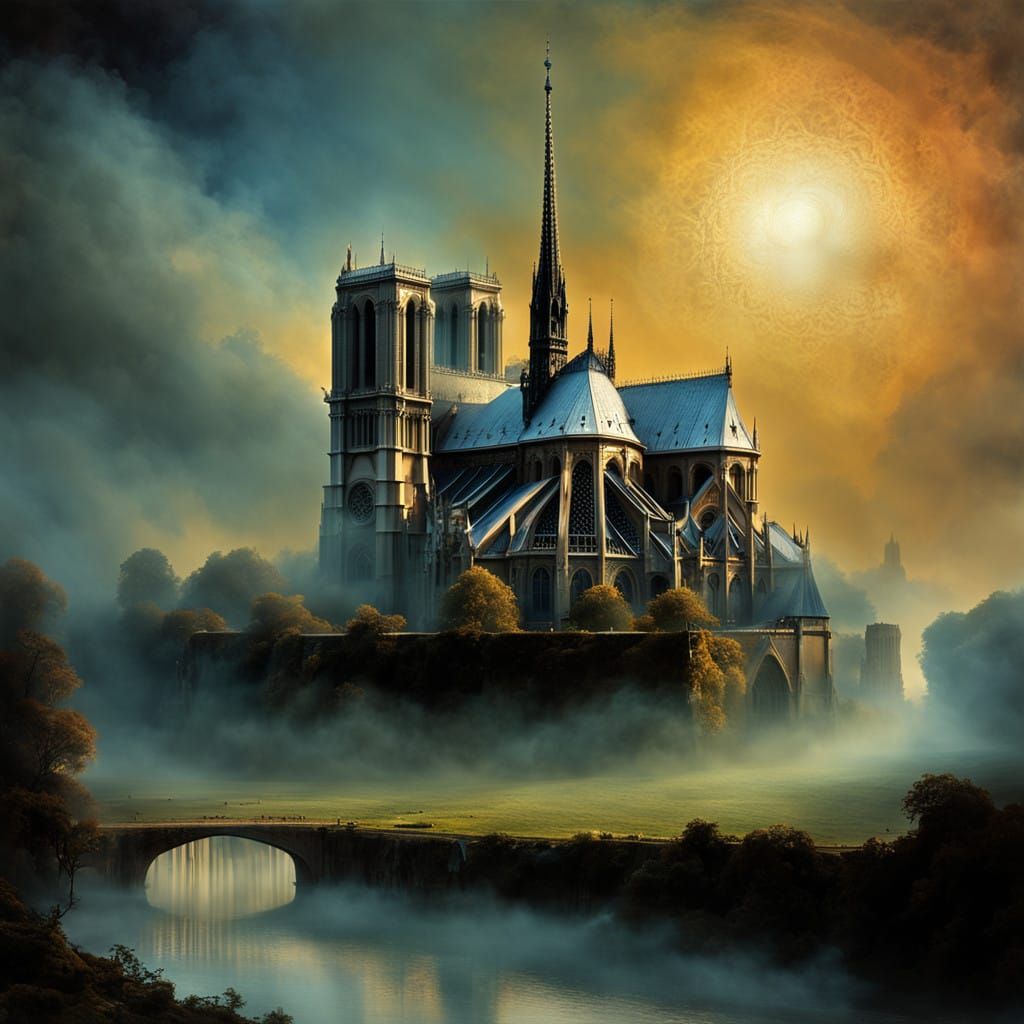 Gothic Clay Model of Notre Dame Illuminated by Ethereal Ligh...