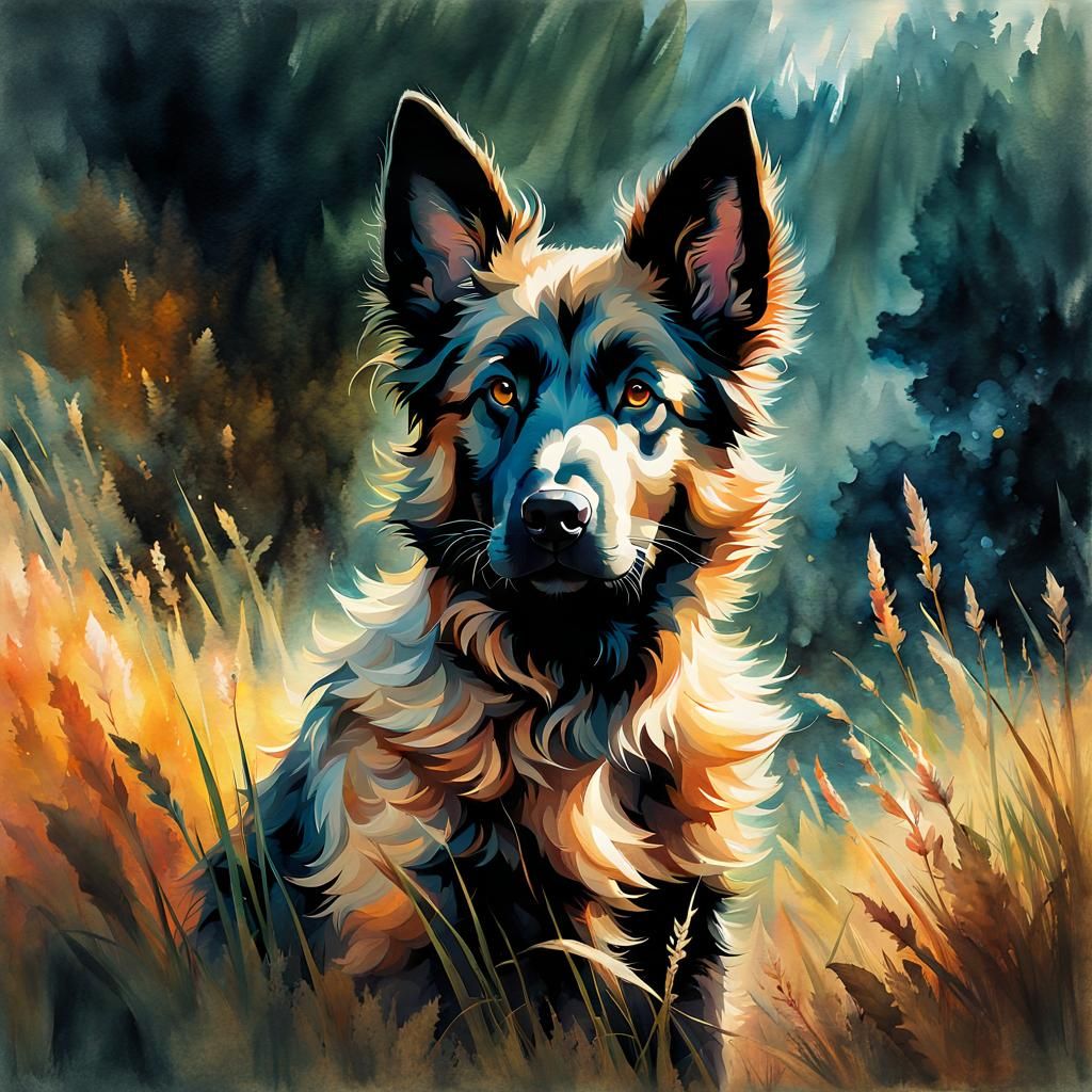 Belgian Shepherd Puppy at Sunset: Watercolor Illustration