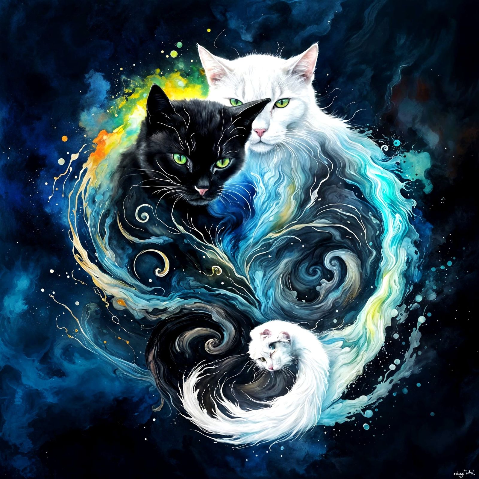 Yin Yang Cats in Watercolor with Aurora Background