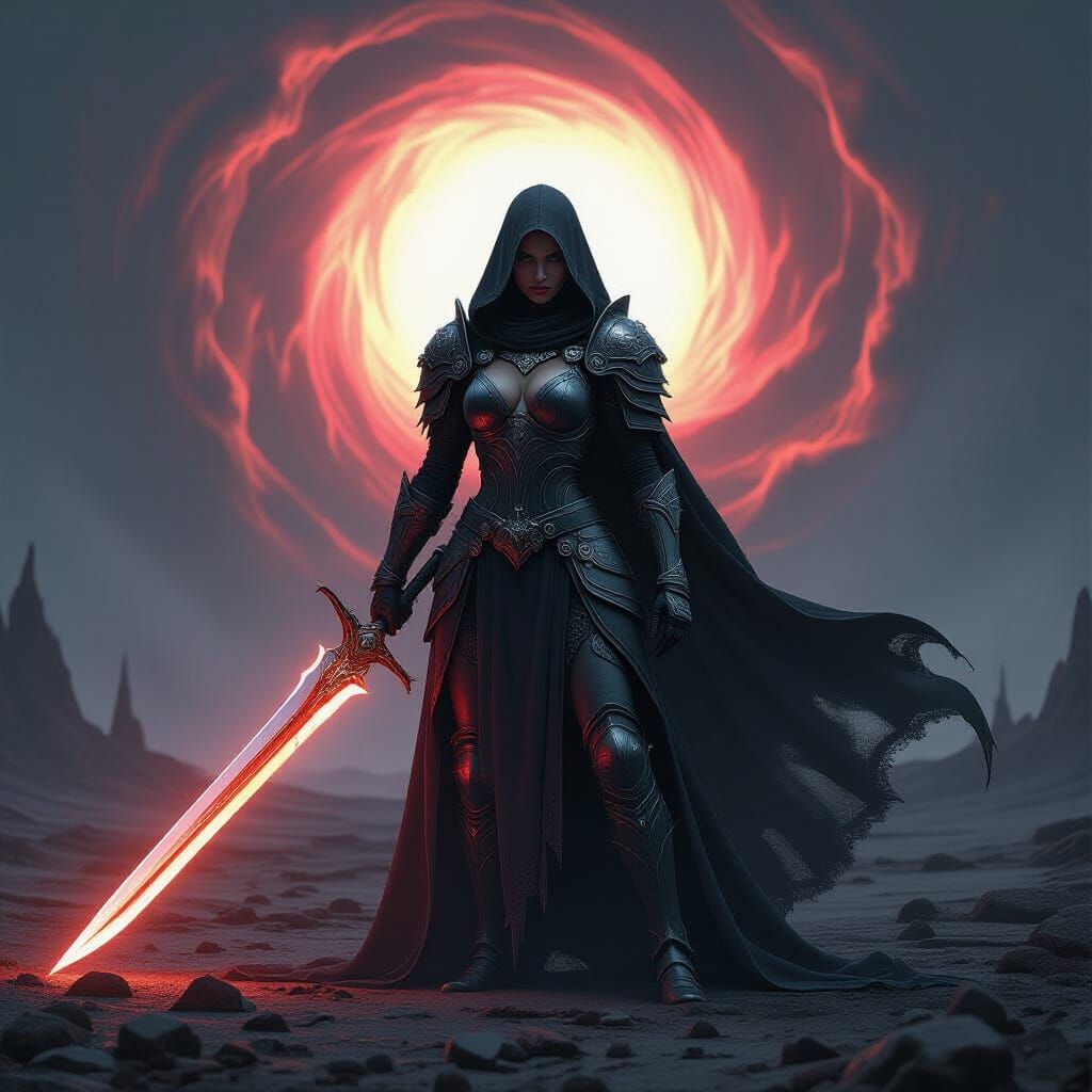 Gothic Warrior on Ash Plain with Apocalyptic Sky