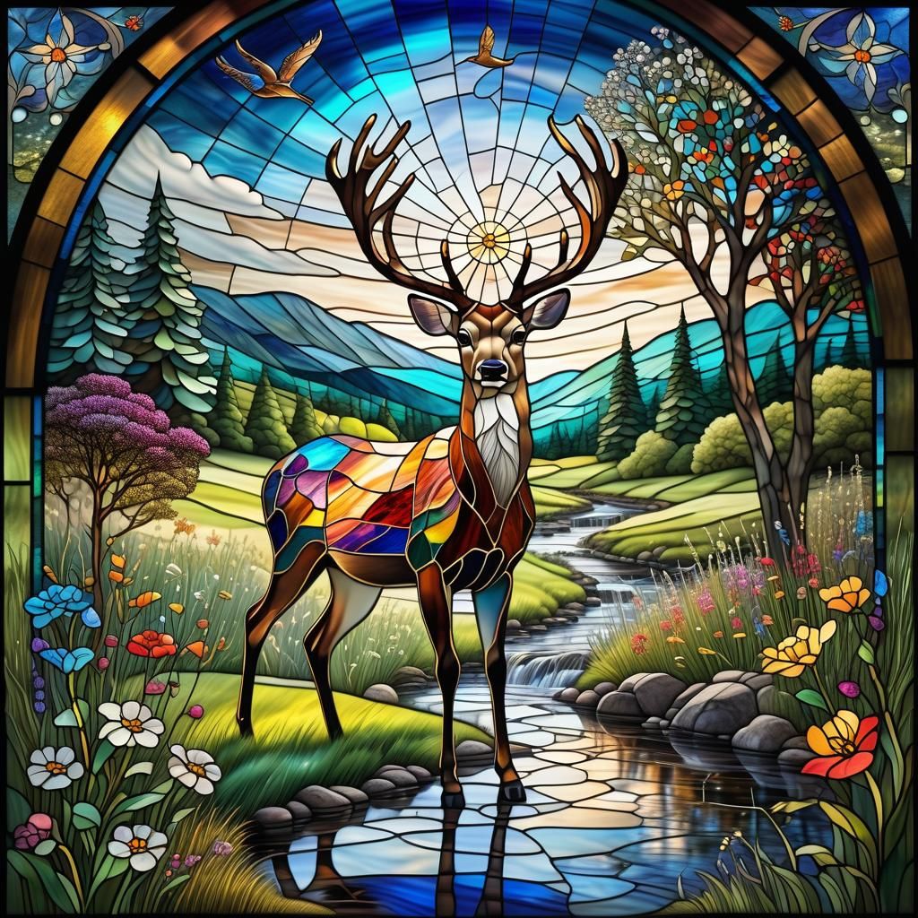 Stained Glass Art: Deer in Flower Meadow