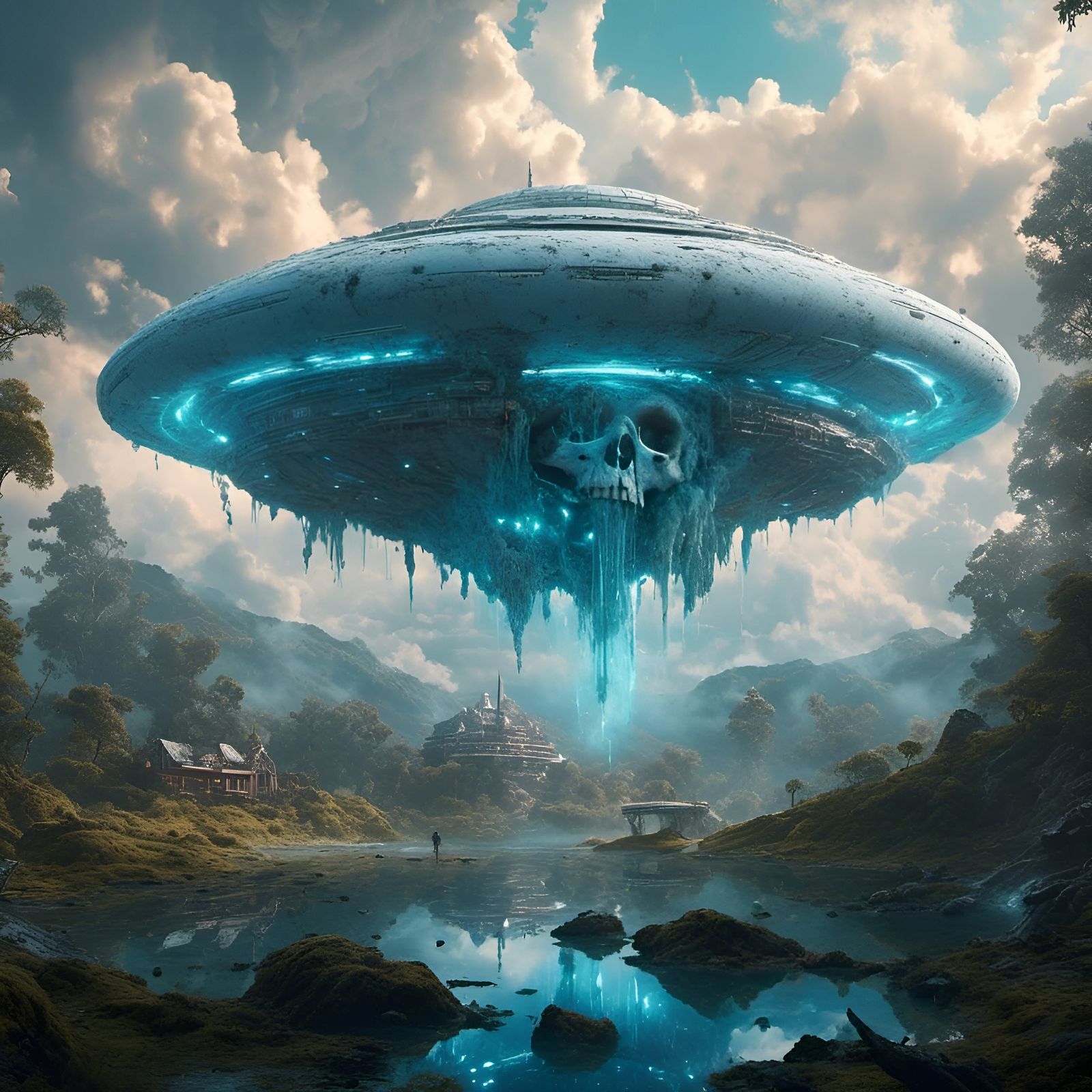 Gigantic Skull Spaceship in Pastel Sky