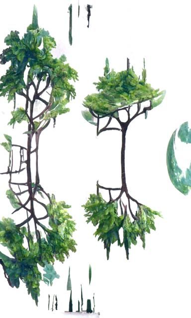 Trees Orbiting Sun in Art Deco Gouache Style