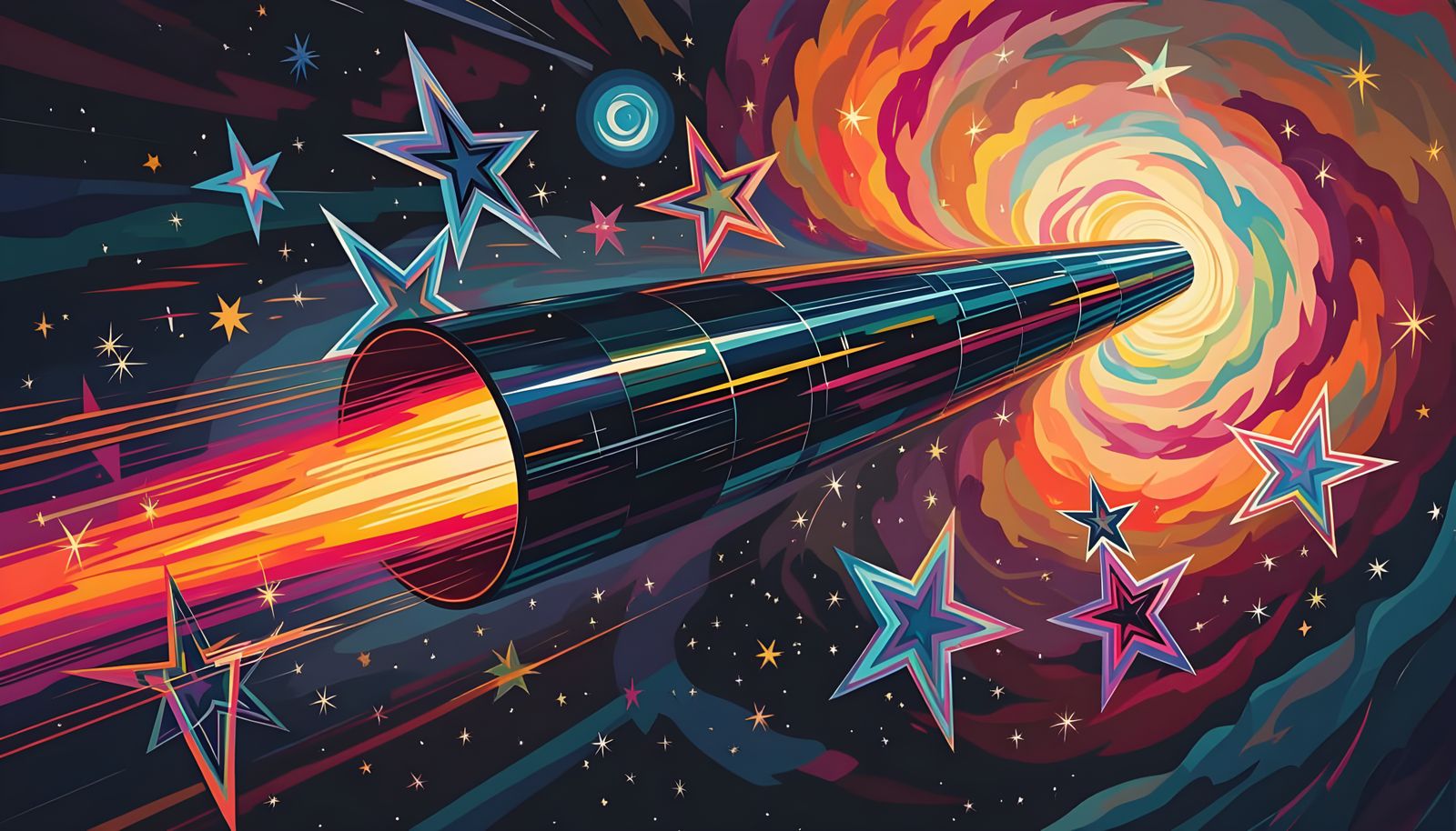 Iridescent Cylinder Reflecting a Cosmic Dreamscape