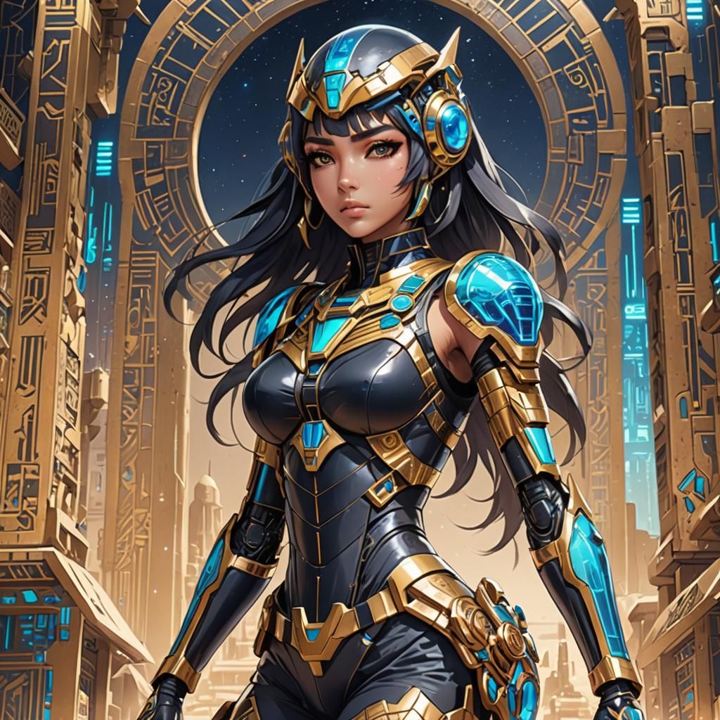 Futuristic Egyptian Anime Girl: Hyperdetailed Colored Drawin...