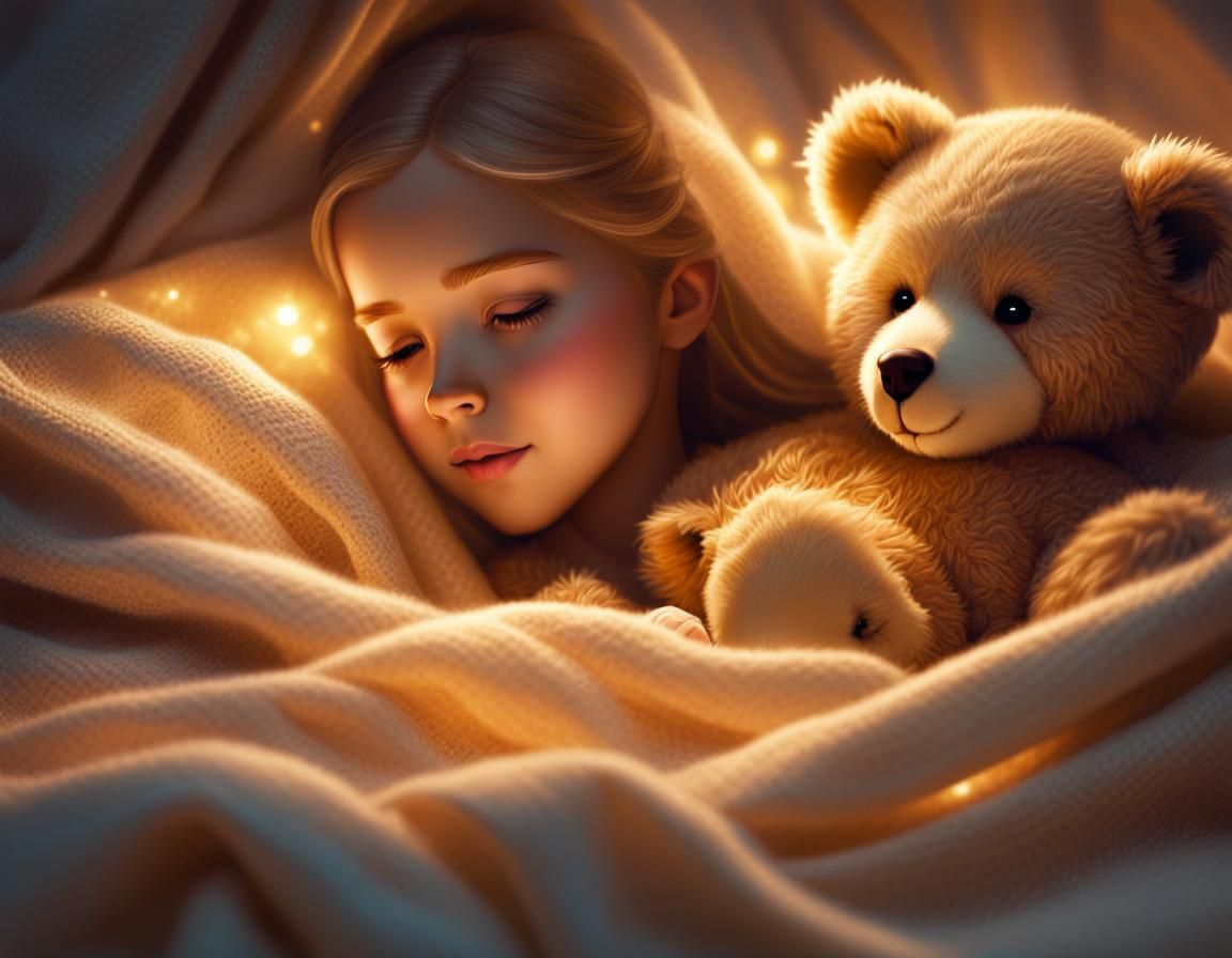 Girl Hugging Teddy Bear in Dreamlike Illustration