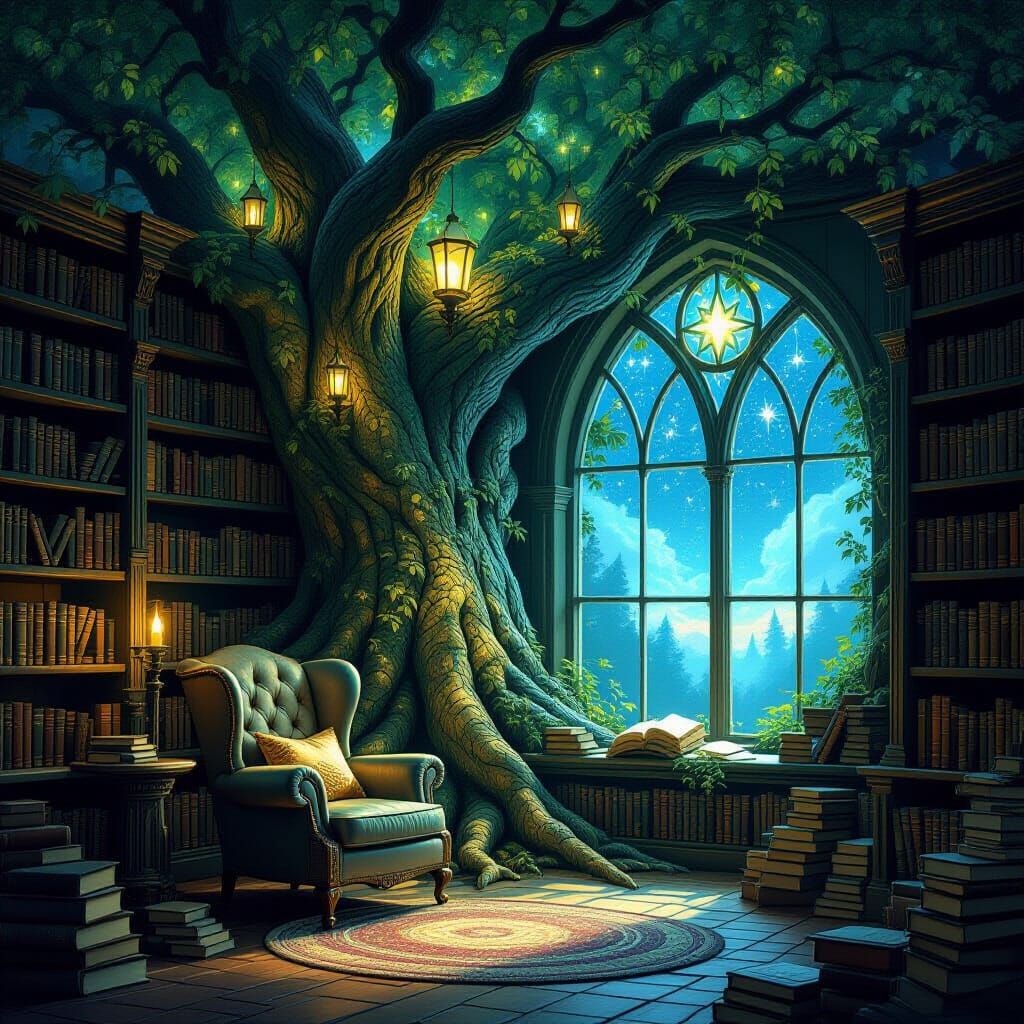 Enchanted Library in Glowing Tree Roots