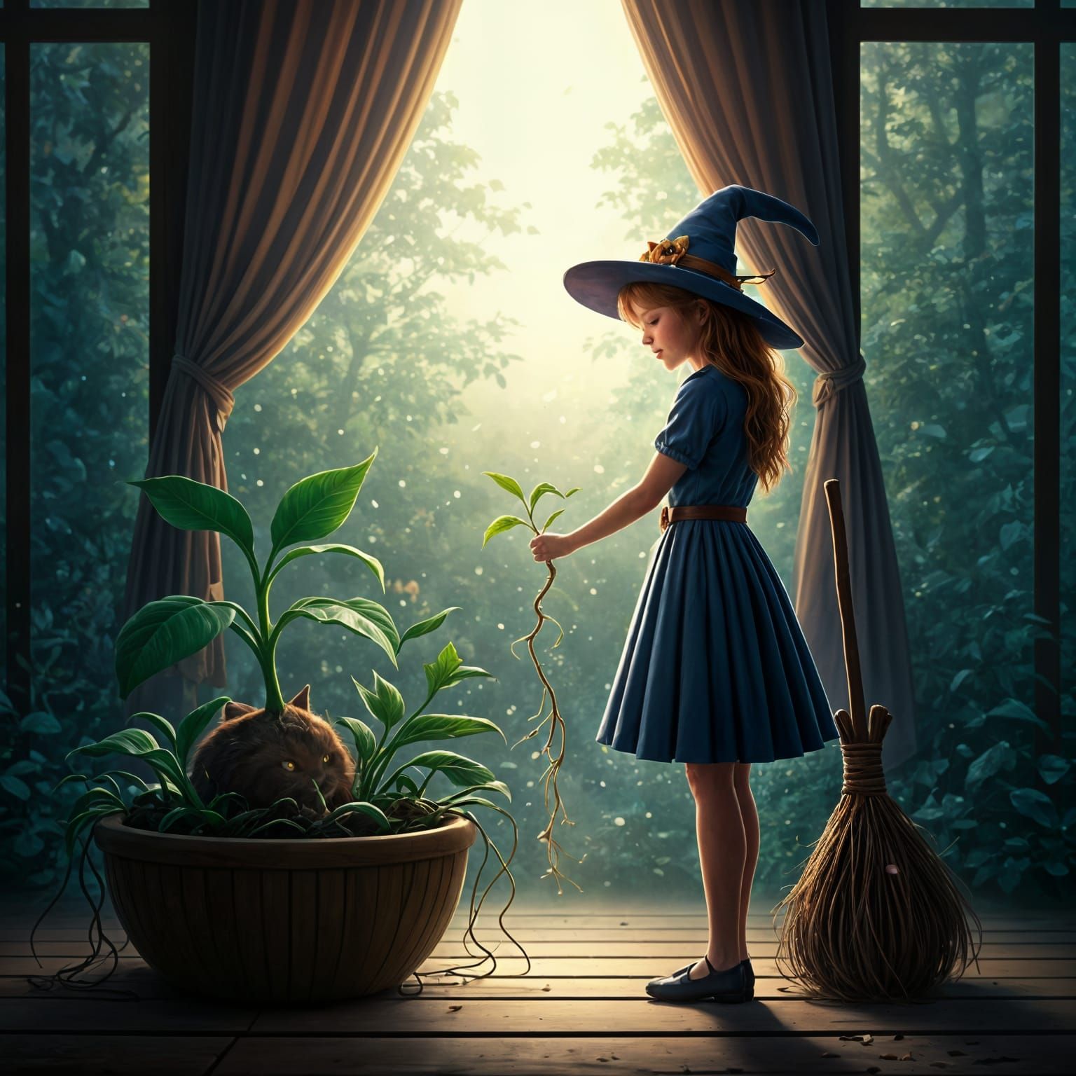 Cute Witch Grows Cat-Shaped Plant in Ethereal Mist