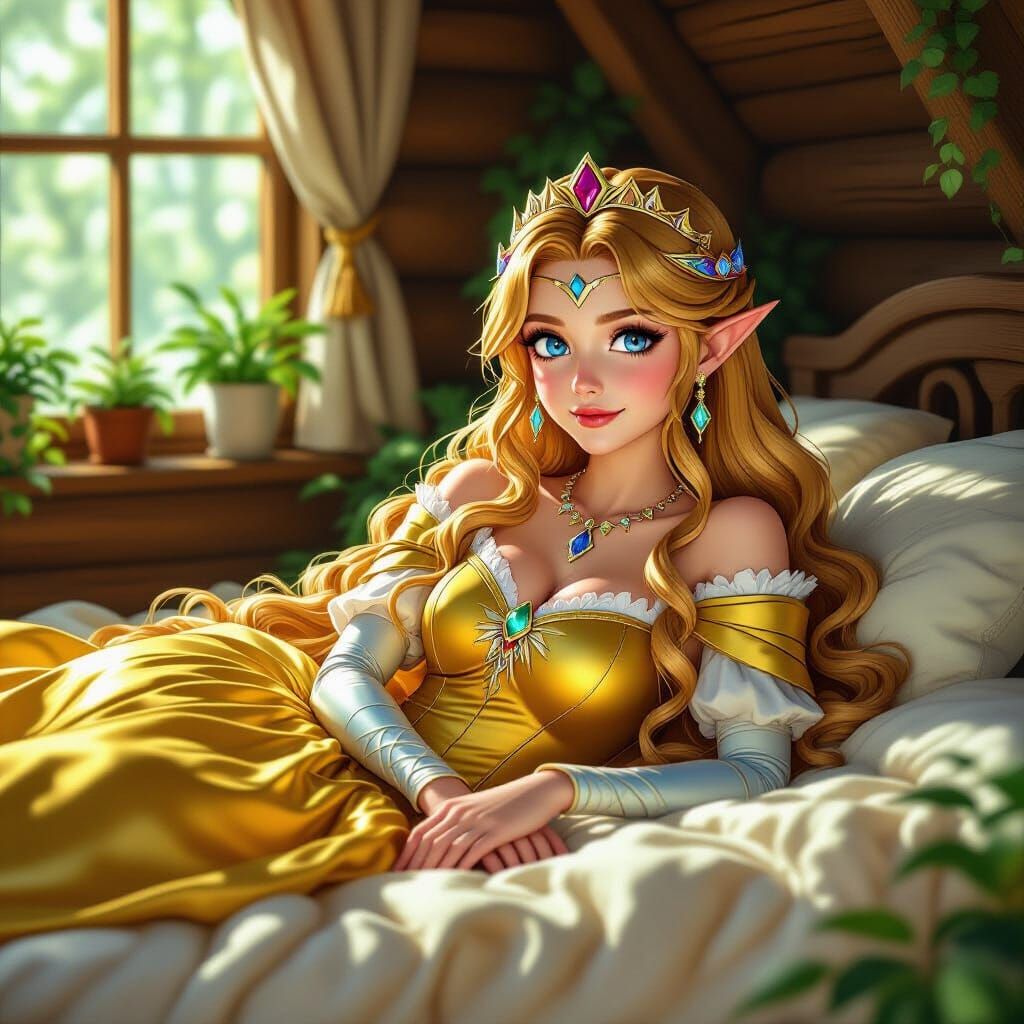 Princess Zelda Relaxing in Forest Cottage, Hyperrealistic Ar...