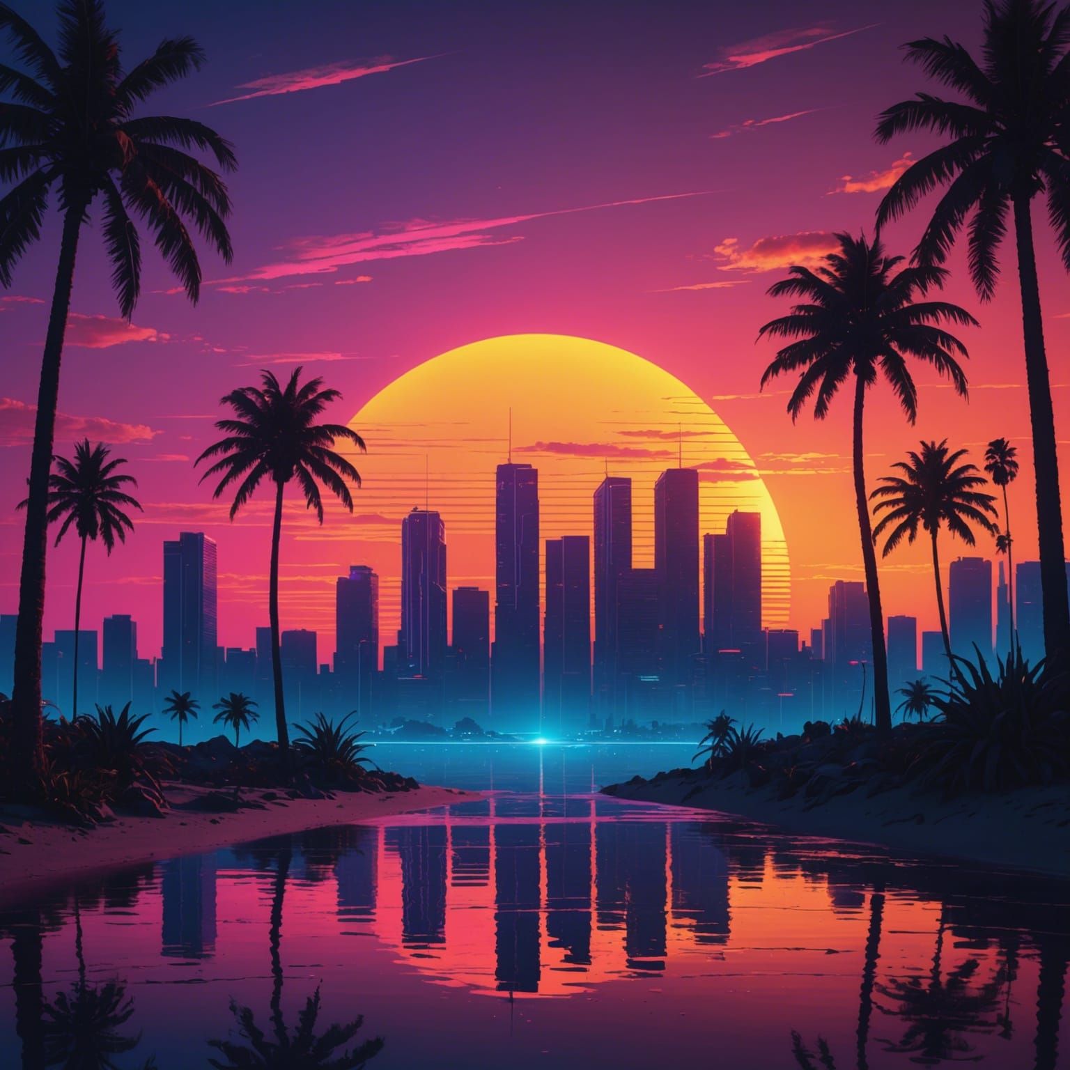 Synthwave Cityscape Sunset: Detailed Matte Painting