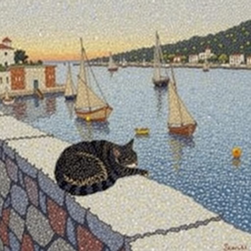 Cat Overlooking Harbour in Pointillism Style
