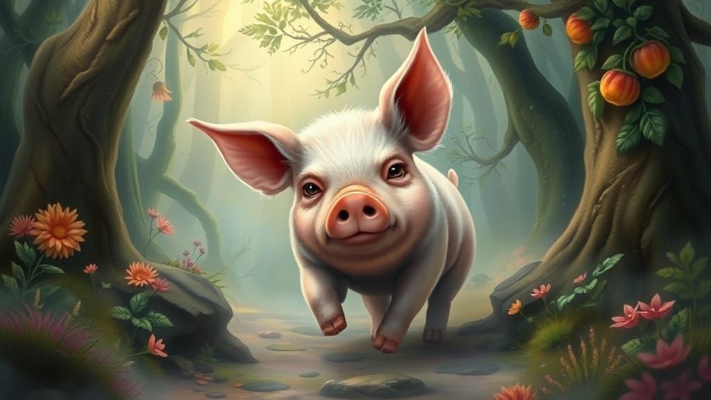 Grumpy Piglet in Whimsical Forest as Kinkade Painting