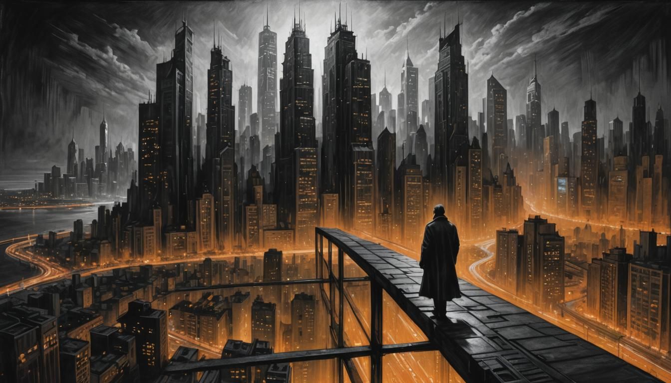 Futuristic Metropolis: Geometric Charcoal Drawing