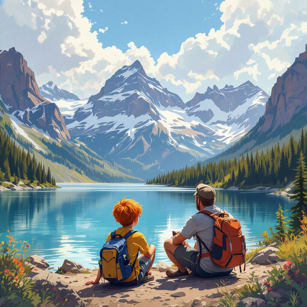 Father and Son Trekking Rocky Mountains by Scenic Lake