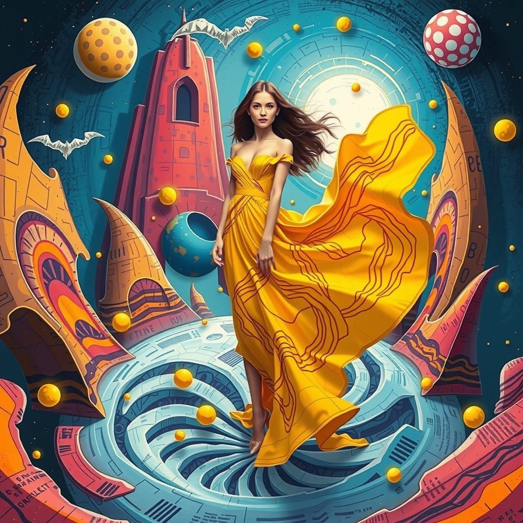 Surreal Woman in Yellow Dance Costume Amidst Whimsical Artis...