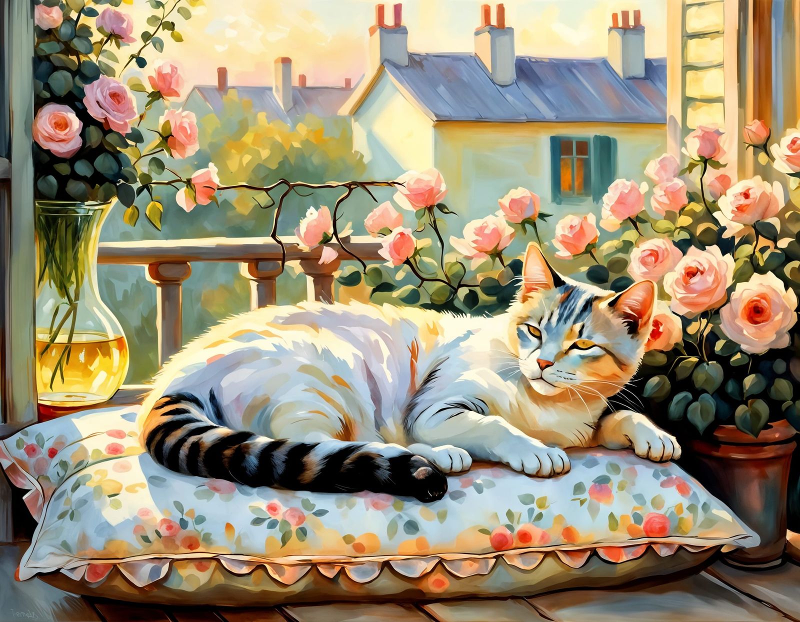 Cat in Cozy Veranda Scene with Blooming Roses