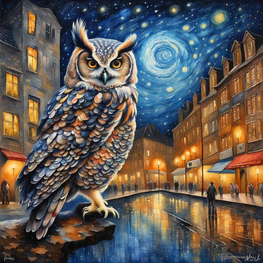 City Owl in Starry Night: Impasto Watercolor