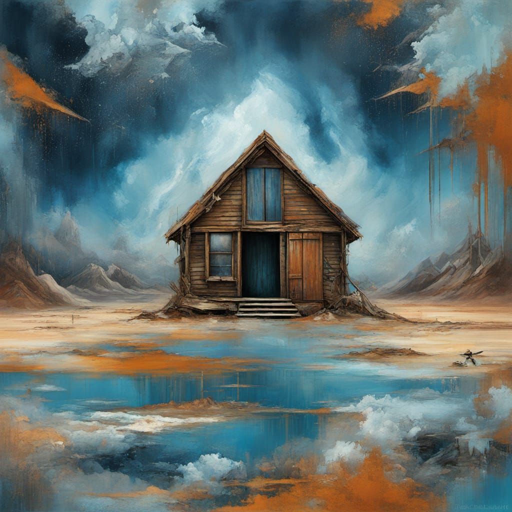 Abstract Surrealism Painting of Blue Cabin in Desert Landsca...