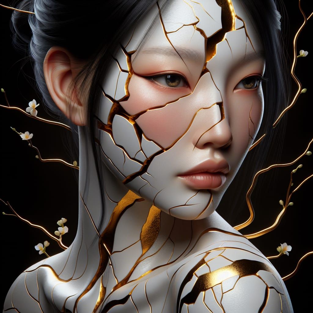 Surreal Portrait of a Japanese Woman with Golden Cracks