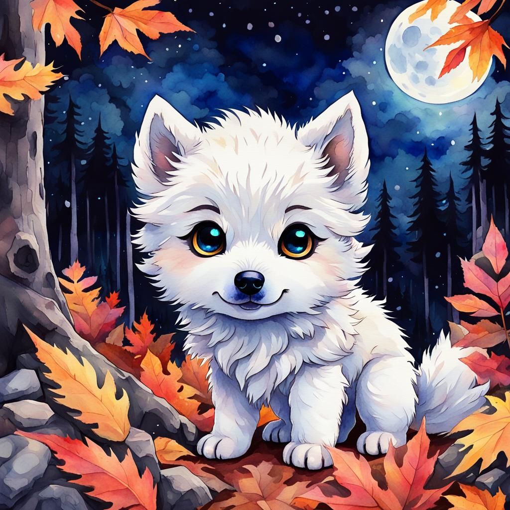 Watercolor Wolf Pup in Autumn Forest