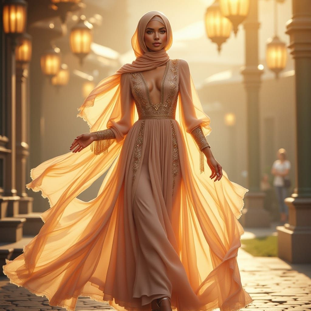 Woman in Flowing Hijab in Golden Sunlight
