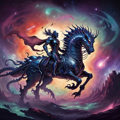 Cosmic Knight Riding Dragon in Psychedelic Art Style