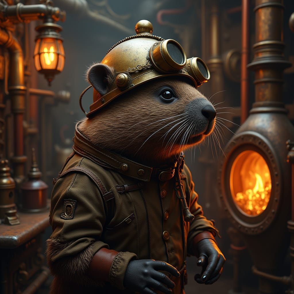 Steampunk Beaver in Industrial Victorian-Era Workshop