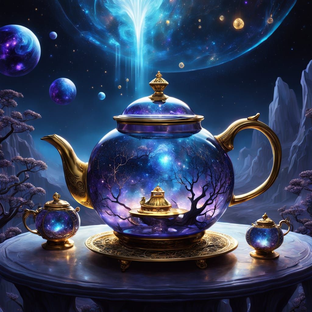 Surreal Glass Teapot with Cosmic Family in Dalí Style