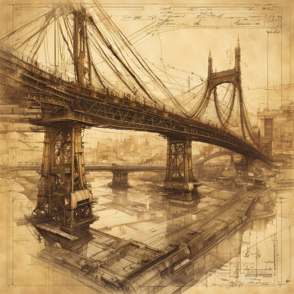 Bridge Patent Drawing with Tea-Stained Finish