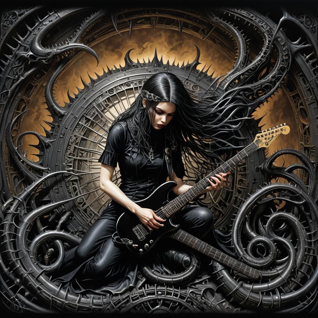 Gothic Woman with Stratocaster in Biomechanical Style