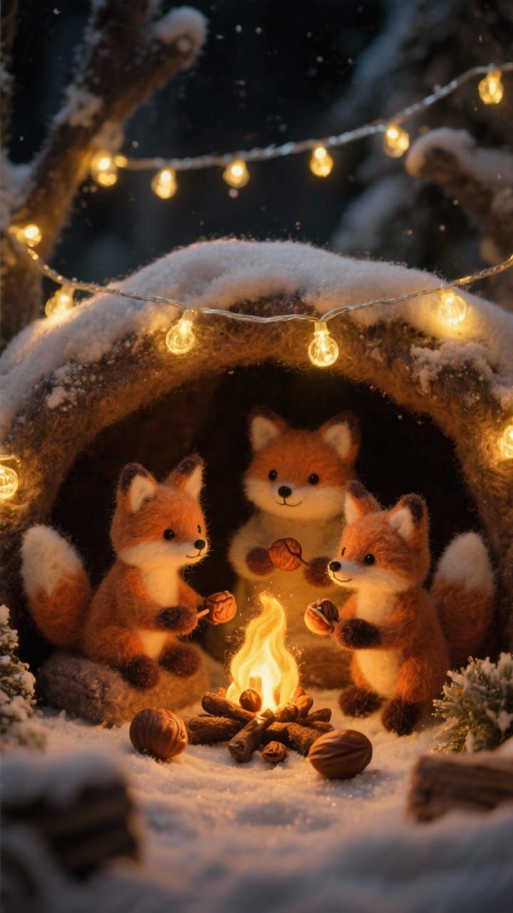 Cozy Felted Fox Family Roasting Chestnuts in Snowy Den