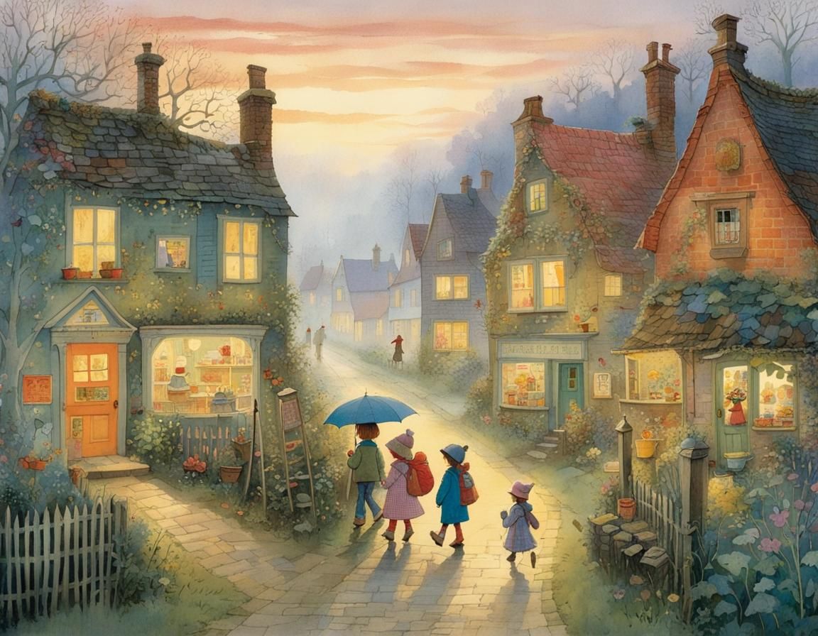 Foggy Village Twilight Walk in Whimsical Style