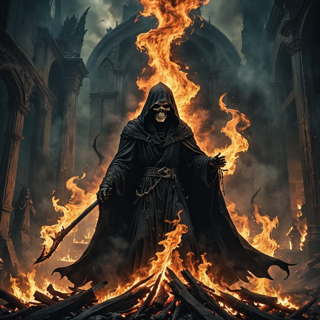 Grim Reaper in Flames: Dark Fantasy Art