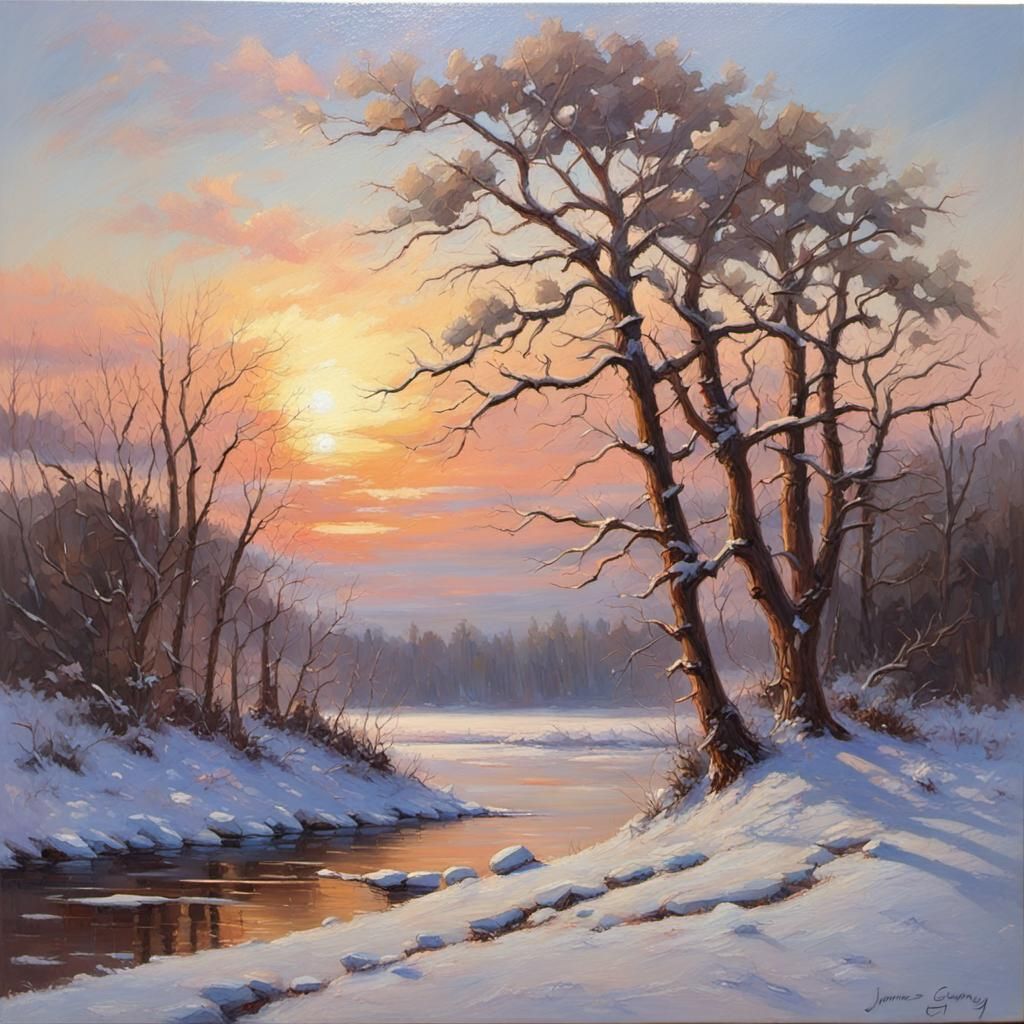 Winter Sunrise: Oil Painting by James Gurney Style